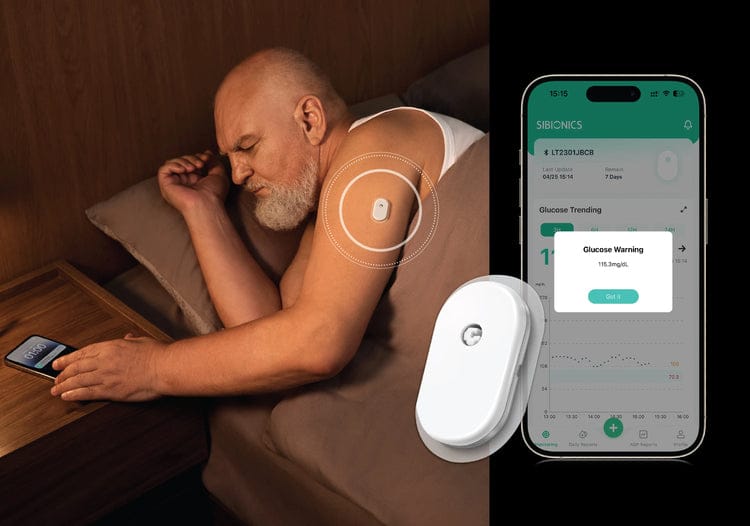 Capteur SIBIONICS GS1 porté au bras et exemple d’alerte dans l’application