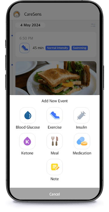 CareSens Air App : ajout d’un événement dans le journal